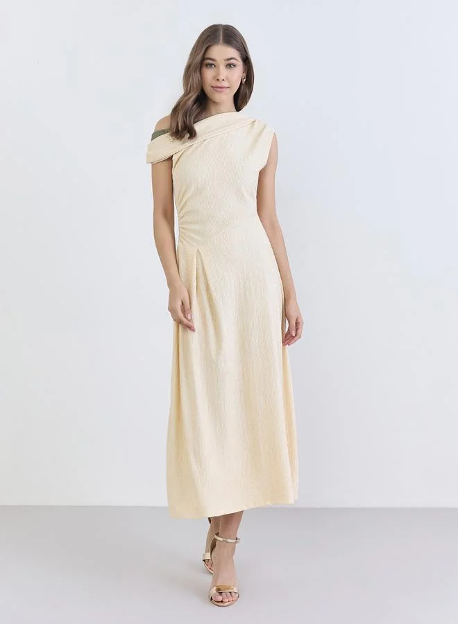 Styli Women Beige One-Shoulder Pleated Midi Dress